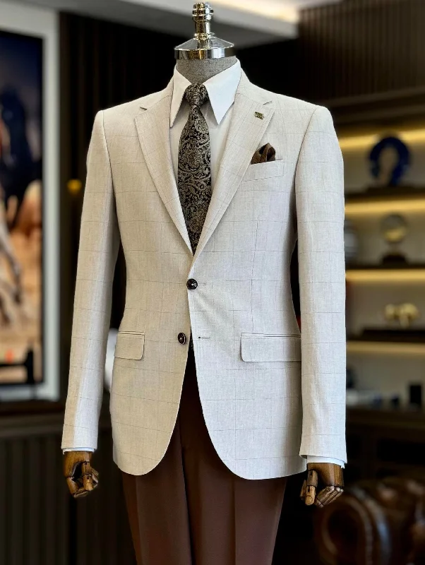 Fashionable And Fashionable Beige Plaid Single Breasted Blazer