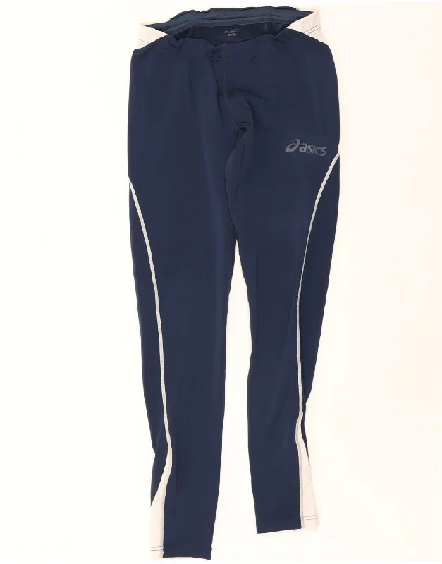 British Style ASICS Womens Tracksuit Trousers UK 12 Medium Navy Blue Colourblock
