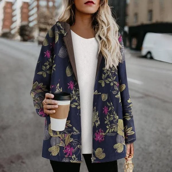 Luxury Customization Women's Fashion Leaves Floral Print Fluffy Fur Hooded Long Sleeve Vintage Casual Coat