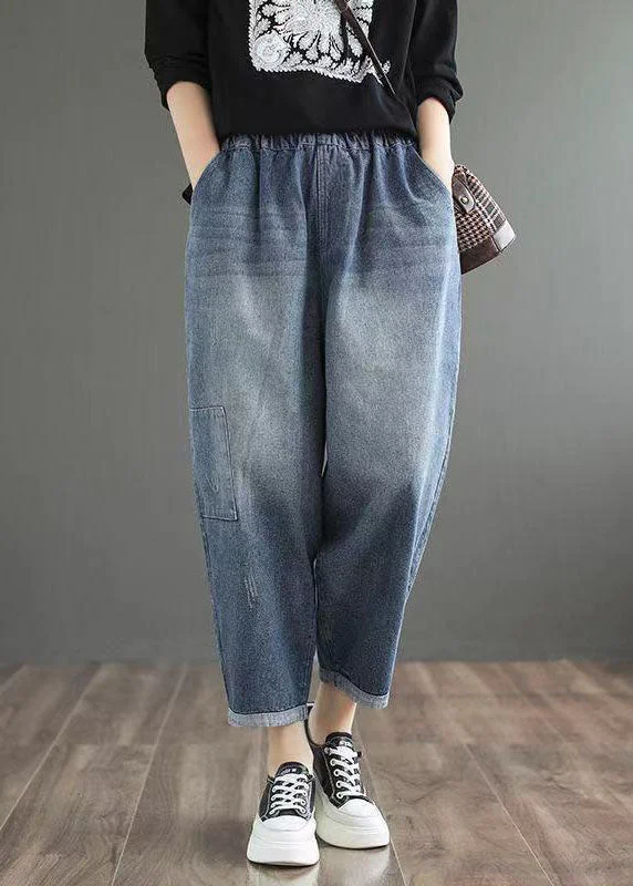 Printed Patterns Fine Blue Elastic Waist Pockets Casual Harem Fall Denim Pants