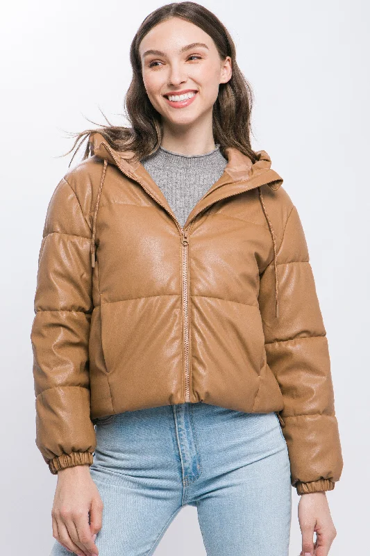 Exquisite Details Pu Faux Leather Zipper Hooded Puffer Jacket