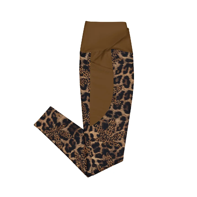 Classic Series Brown Animal Print Crossover Leggings With Pockets