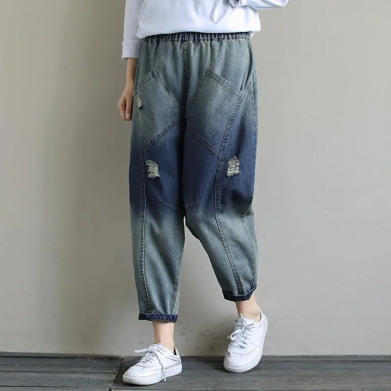 Exquisite Tailoring Elegant Spring Casual Pants Stylish Denim Dark Blue Shape Elastic Waist Hole Wild Pants Exquisite Tailoring Elegant Spring Casual Pants Stylish Denim Dark Blue Shape Elastic Waist Hole Wild Pants