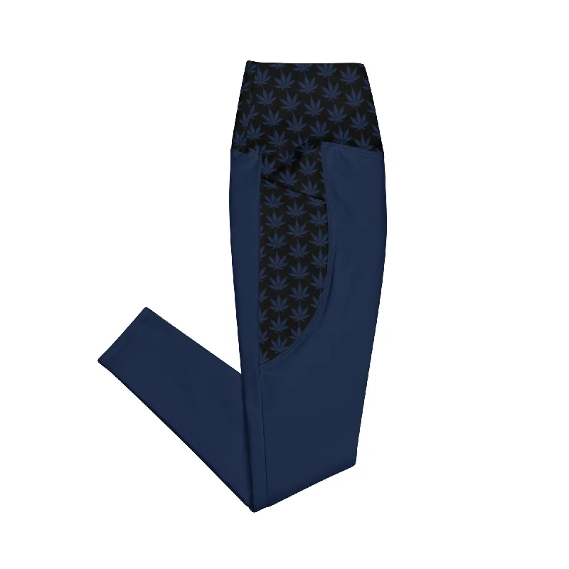 Classic Style Navy Blue And Black Leggings With Pockets