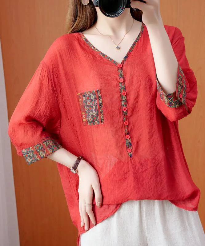 Breathable Design DIY red clothes For Women v neck patchwork oversized fall shirts