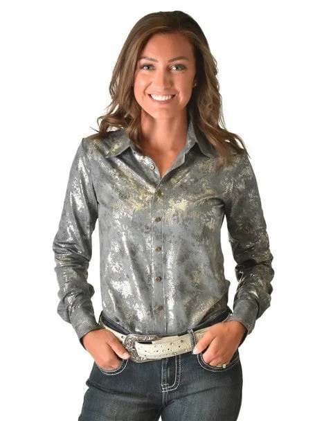 Fashion Concept Cowgirl Tuff Womens Metallic Snakeskin Gray Polyester L/S Shirt