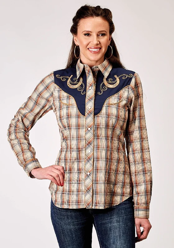 Design Trend Roper Womens 1970 Plaid Brown Cotton Blend Fancy L/S Shirt