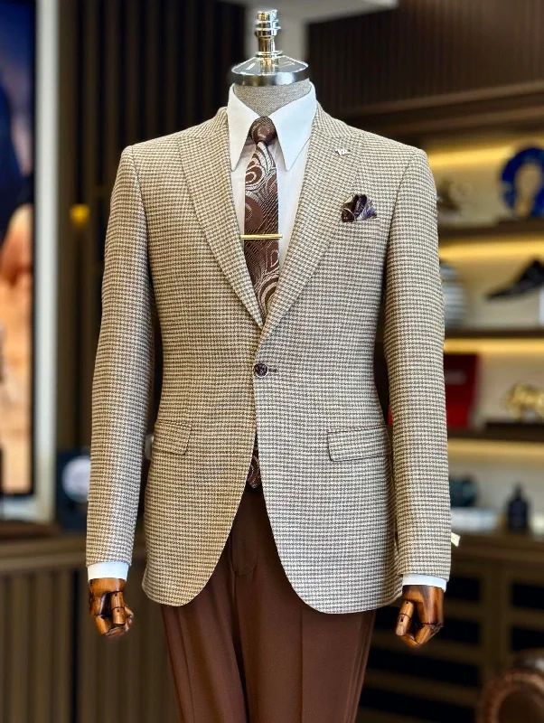 Cool Style Camel Plaid Single Breasted Blazer