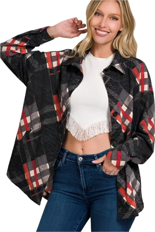 Fashionable And Fashionable Jacquard Plaid Shacket With Pockets