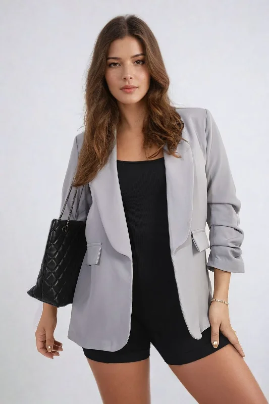 Sports Trend Valerie Ruched Sleeve Open Front Blazer Jacket with Front Pockets