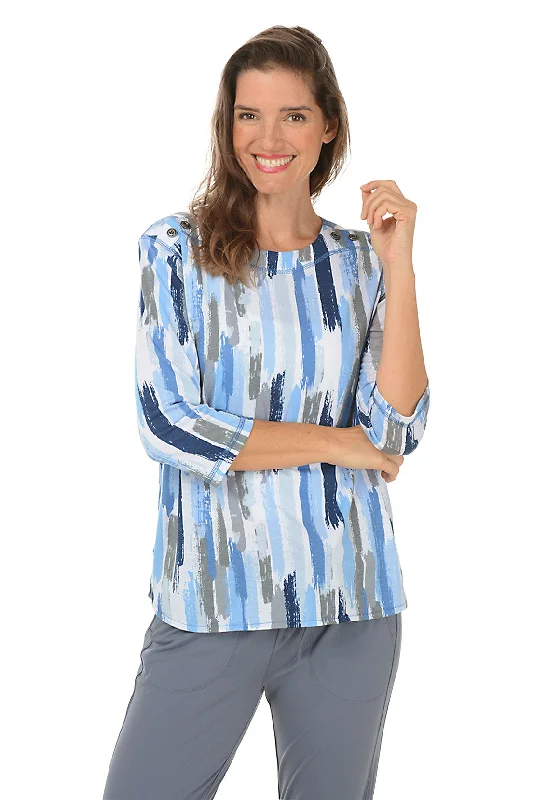 High-end Design Blue Brushstroke Stripe Button Shoulder Top