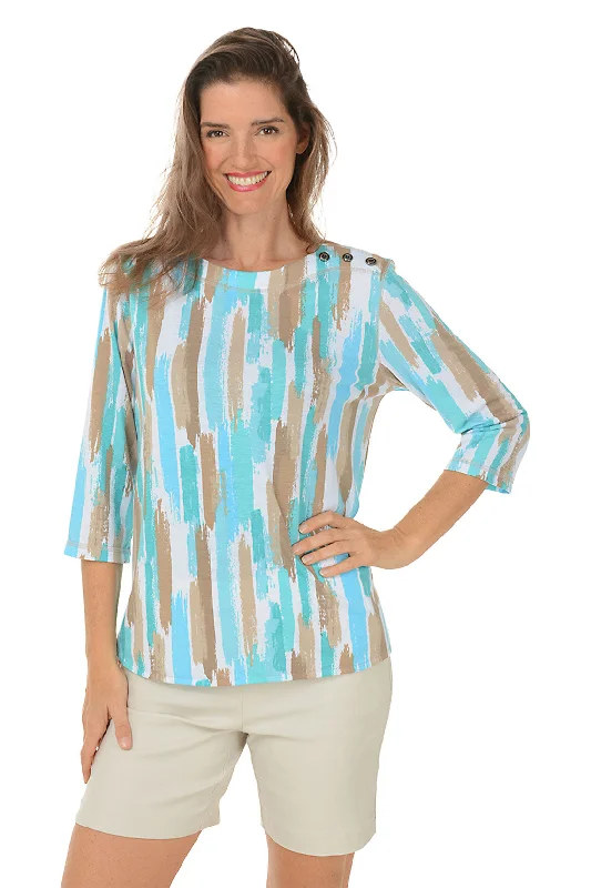 Lace Design Aqua Brushstroke Stripe Button Shoulder Top