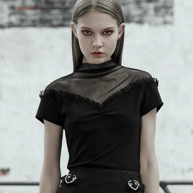 Sports And Leisure Women's Goth Mesh Frilled Fitted Black T-shirt