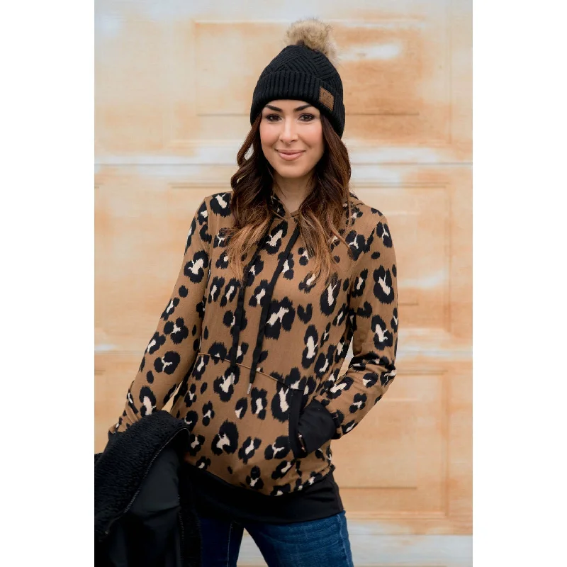 Street Fashion Solid Trim Leopard Print Hoodie
