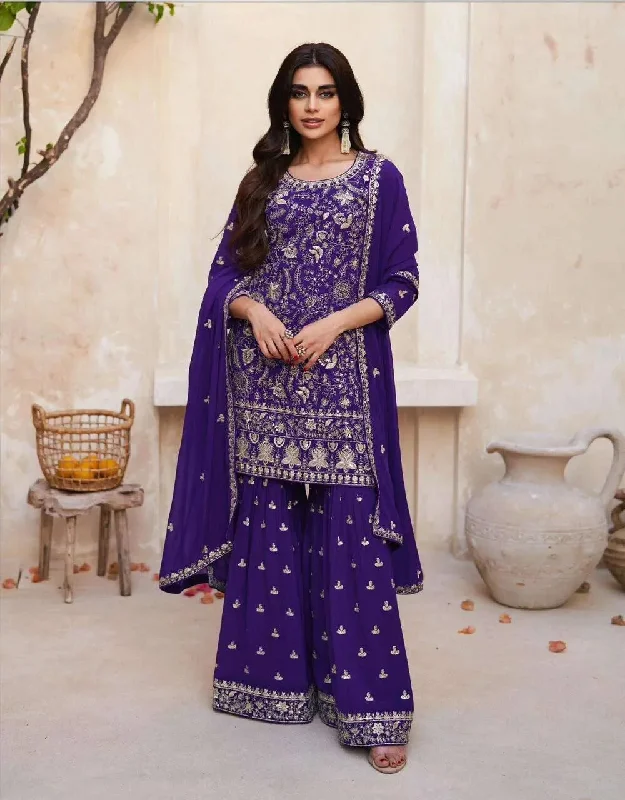 Body Design Charming Dark Purple Georgette Embroidered Sharara Suit