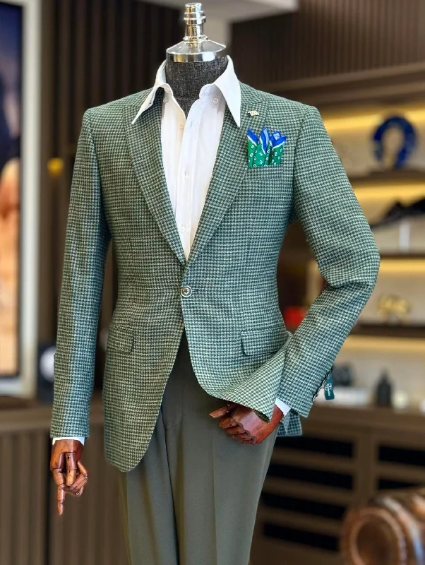 Comfortable Wear Green Plaid Single Breasted Blazer