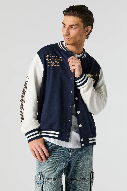 Refreshing Design Embroidered Graphic Fleece Varsity Jacket