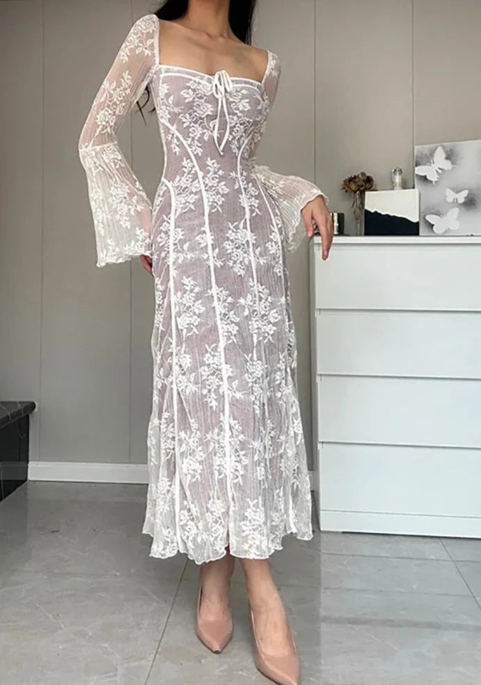 Comfortable Fashion A&A Luxe Vintage Square Collar Lace Long Sleeve Maxi Dress