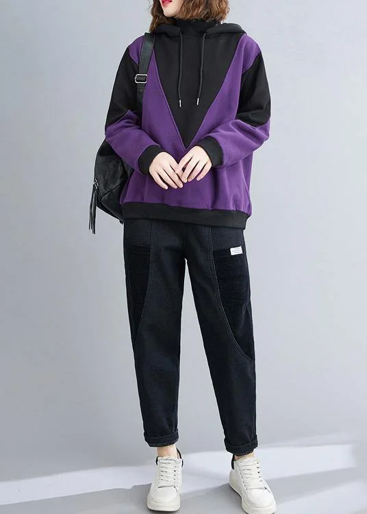 Noble And Elegant DIY purple top silhouette hooded patchwork oversized shirt