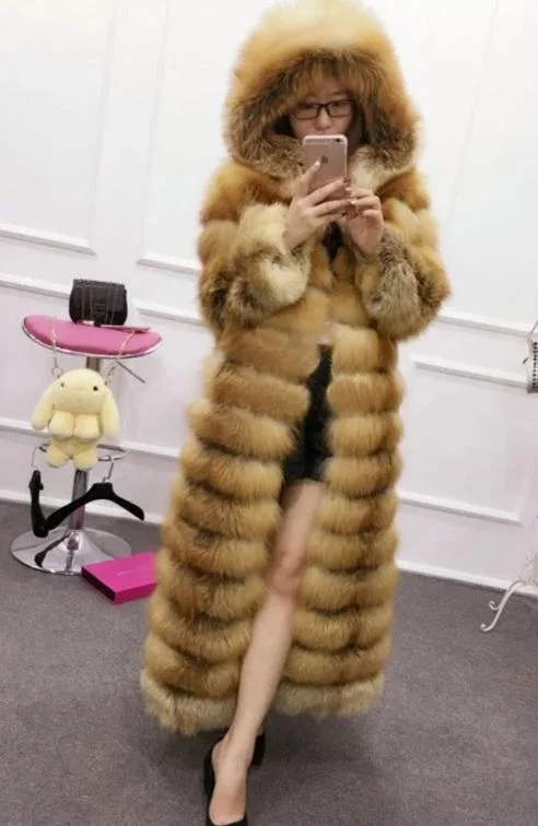 Celebrity Picks Luxury Real Fox Fur Maxi Hooded Coats