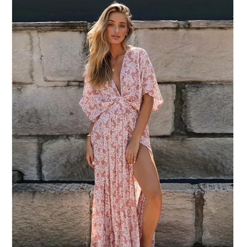 Classic Items BerriesJam - Floral Printed Split Sexy Deep V Neck Short Sleeve Maxi Dress