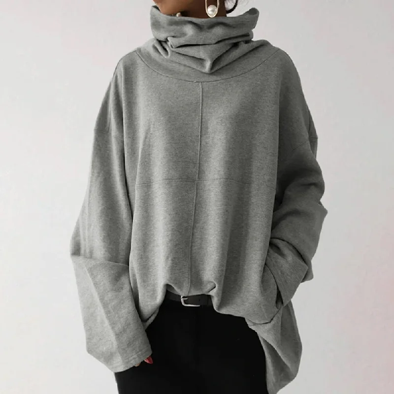 American Style Women's Turtleneck Wide Sleeves Solid Loose Pullover Sweatshirt