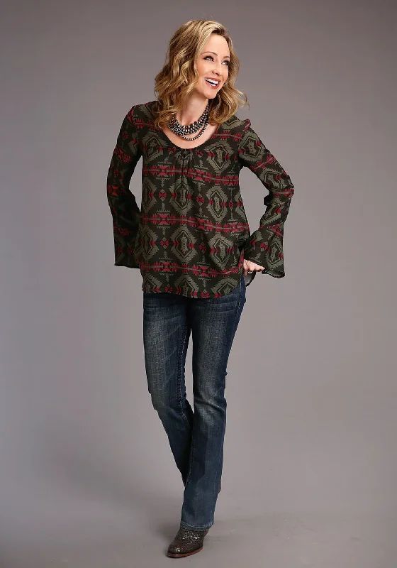 High Street Series Stetson Womens Brown Rayon/Nylon Challis Blanket L/S Pullover Blouse