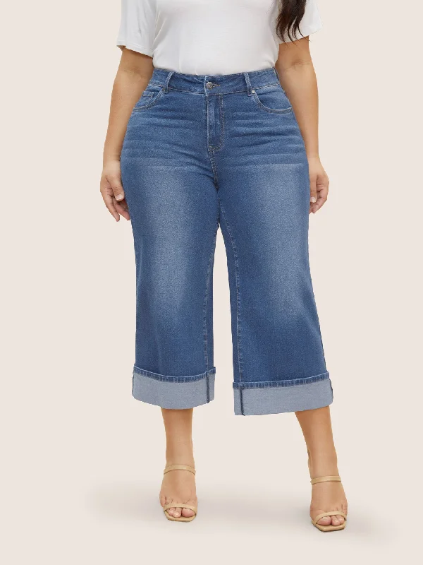 Modernism Dark Wash Roll Hem Cropped Wide Leg Jeans