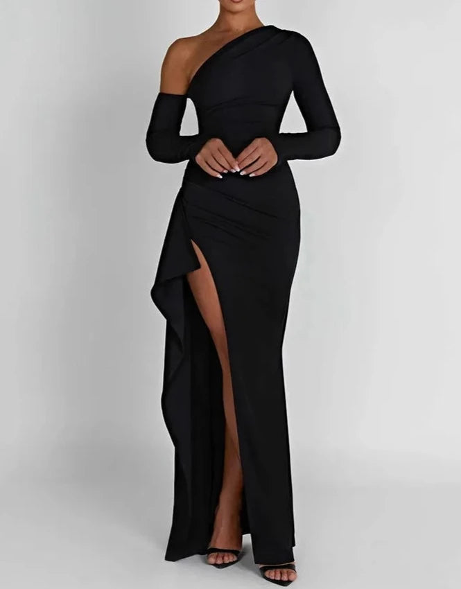 High-end Sense A&A Luxe Oblique Shoulder Thigh High Split Maxi Dress
