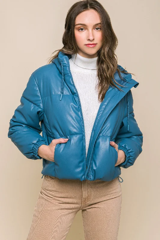 Personal Charm Pu Faux Leather Zipper Hooded Puffer Jacket