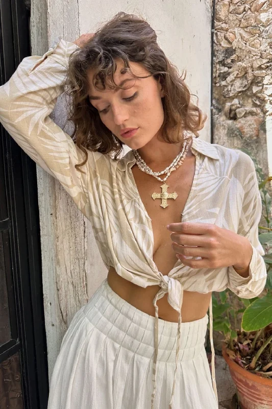 Goddess Outfit Kiana Beige Palm Print Wrap Top