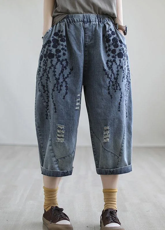 Luxury Fashion Boho Blue Embroideried Summer Denim Pants