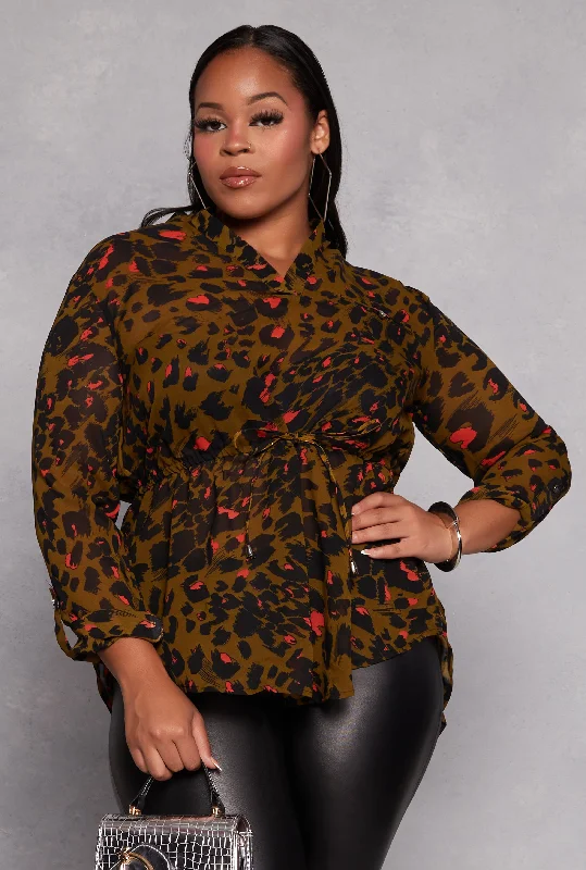 Comfortable Wear Plus Size Animal Print Tie Waist Top