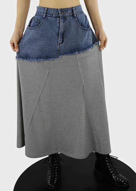 Personalized Series Grey A Line Skirts Denim Patchwork Button Spring