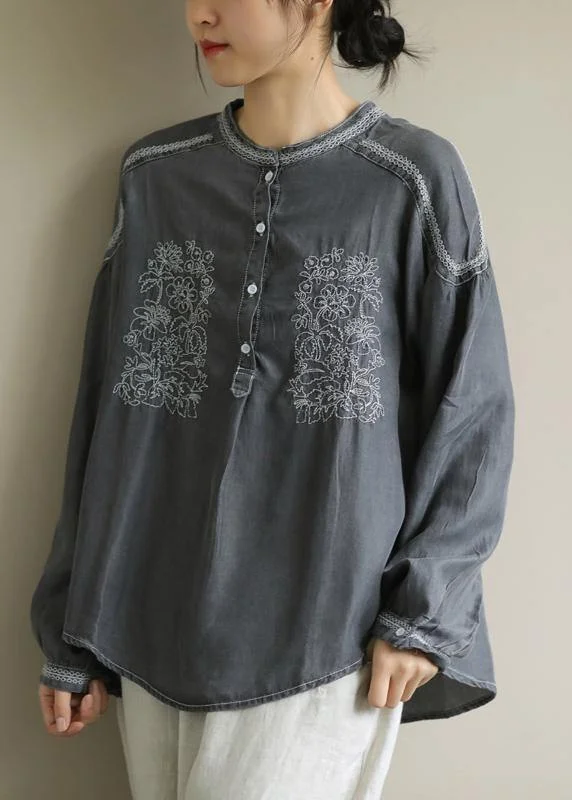 Urban Style DIY dark gray Shirts o neck embroidery daily shirt