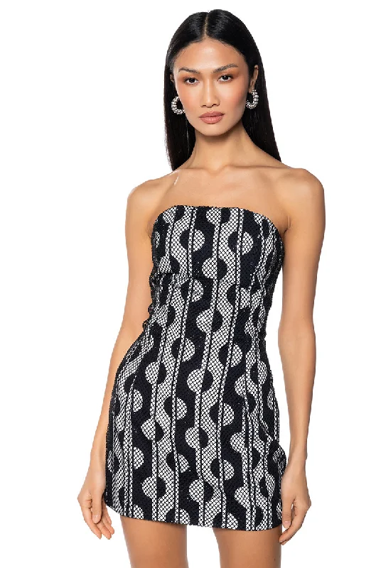 Personalized Wear RETRO PRINTED MESH RHINESTONE MINI DRESS