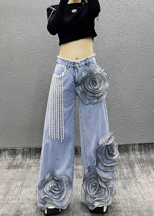Elegant Series Fashion Blue Pockets Floral Bead Tassel Denim Pants Spring