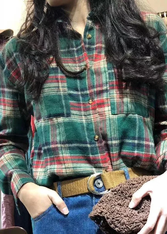 Elegant Series diy lapel collar cotton clothes pattern green plaid shirt autumn