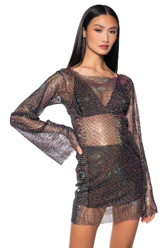 Energy Wear ANAIS RHINESTONE MESH LONG SLEEVE MINI DRESS IN BLACK