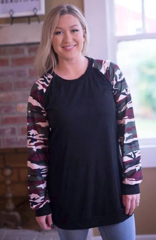 Luxury Fashion Camo Raglan Top, Black