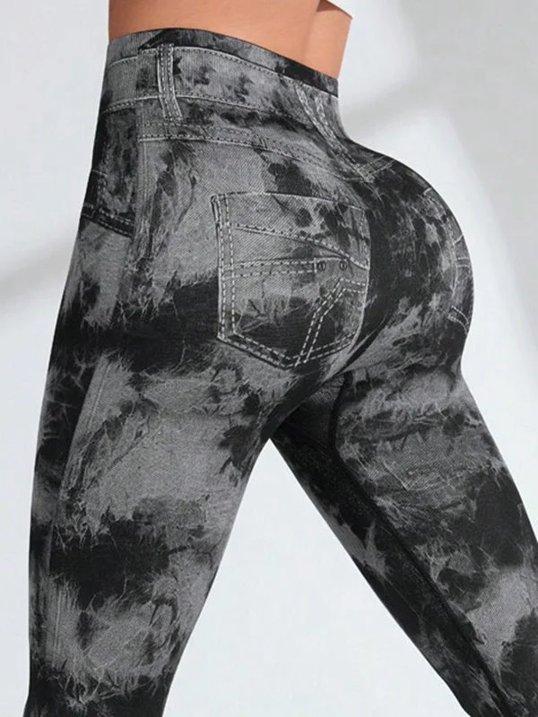 Sports Style ZASUWA Female Hot Tie-dye Denim Pocket Scrunch Bum Leggings