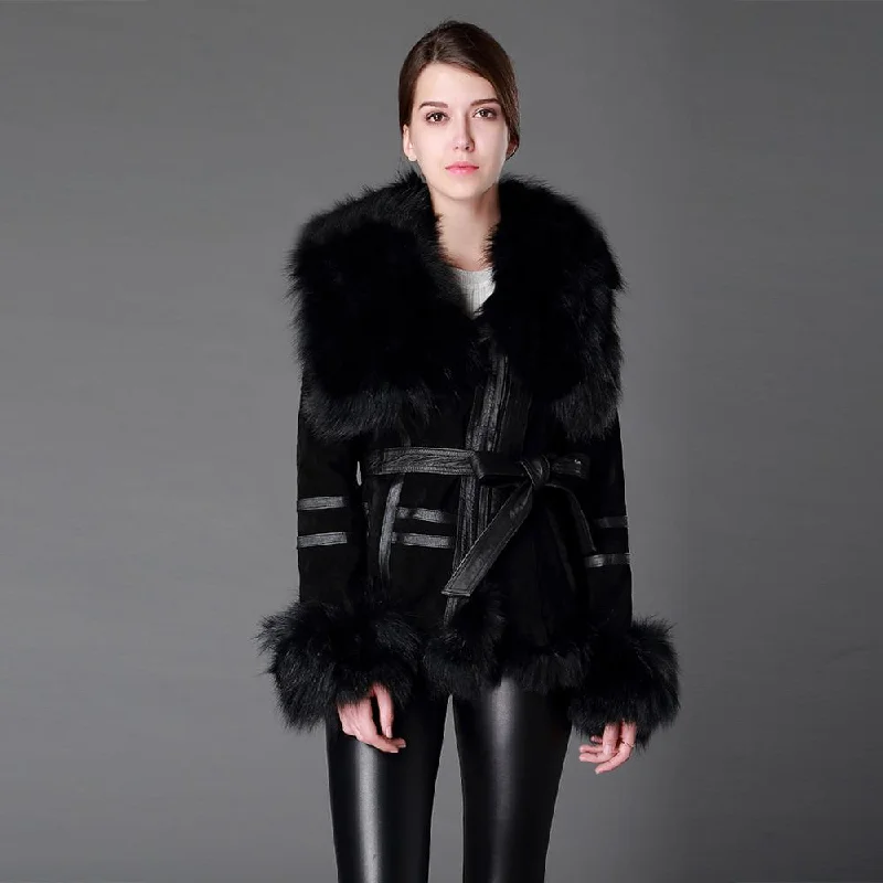 Fashionable In The Times Genuine Leather Suede Fur Wide Collar, Trim, Cuffs Coats