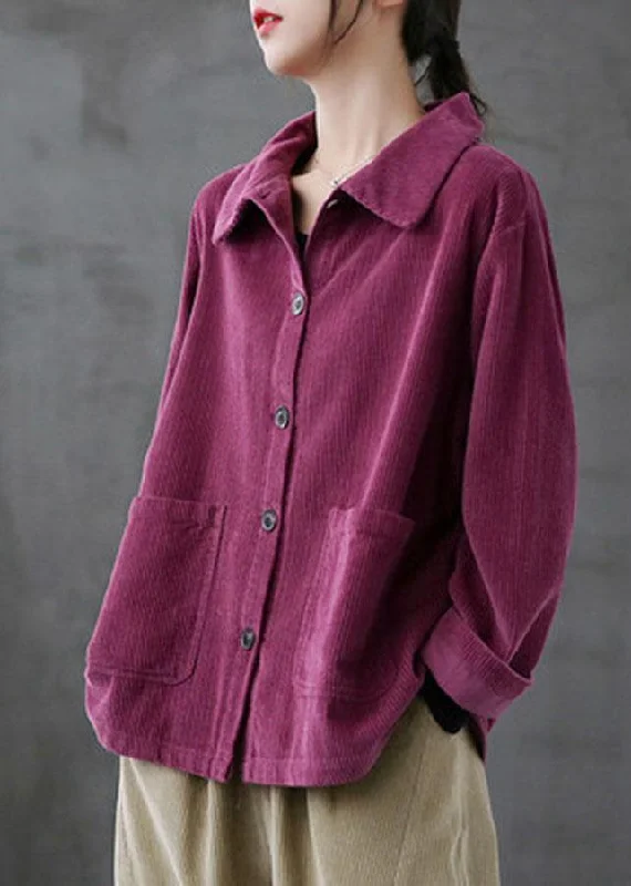 Minimal Style Purple Loose Pockets Shirt Top Long Sleeve Corduroy Coat
