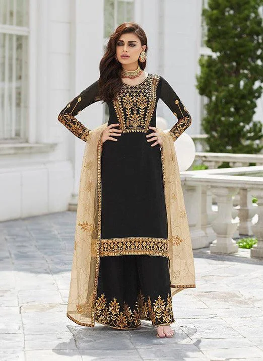 Fashionable And Fashionable Black Zari Stone And Georgette Party Wear Pakistani Palazzo Suit