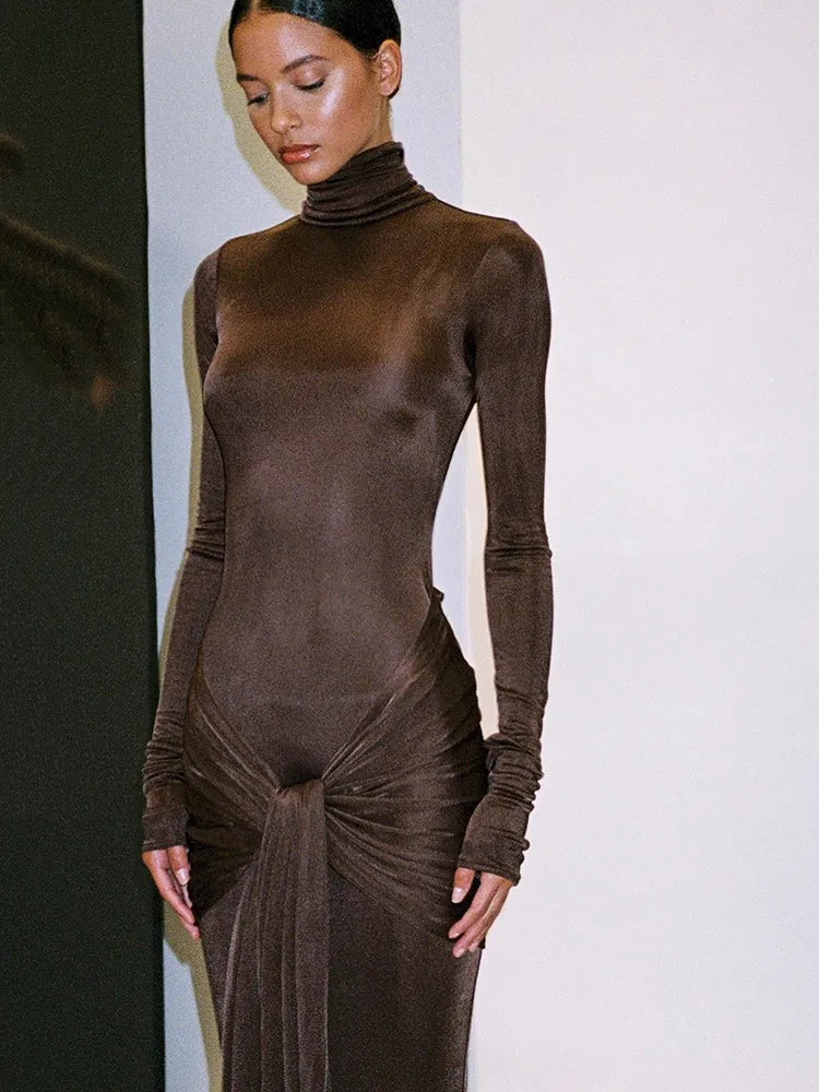 New Products A&A Luxe High Neck Long Sleeve Maxi Bodycon Dress