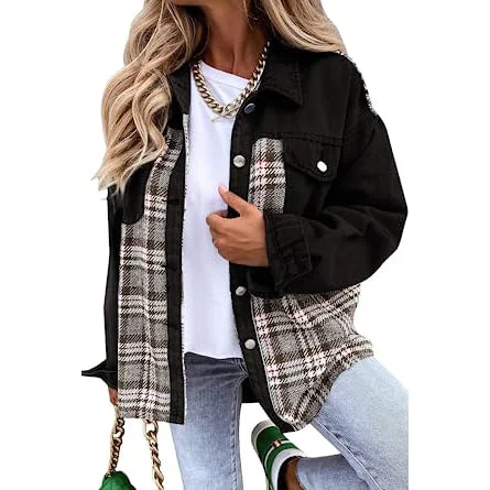 Urban Style Women's Denim Jacket Long Sleeve Plaid Button Down Shirts Shacket