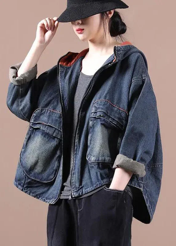 Simple Design Chic Blue Hooded Pockets zippered Fall Denim Coat Long sleeve