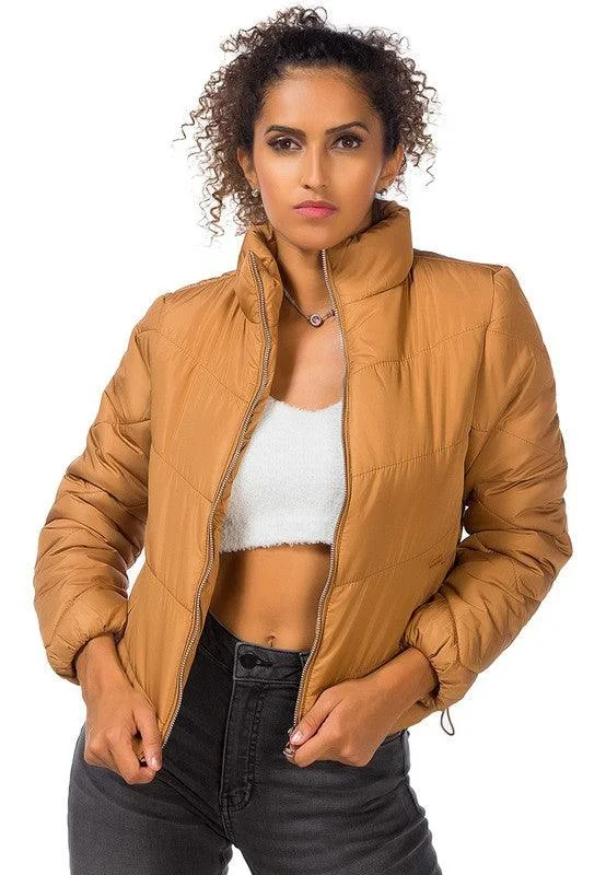 Elegant Outline Womens Waist Length Puffer Jackets Stand Collar