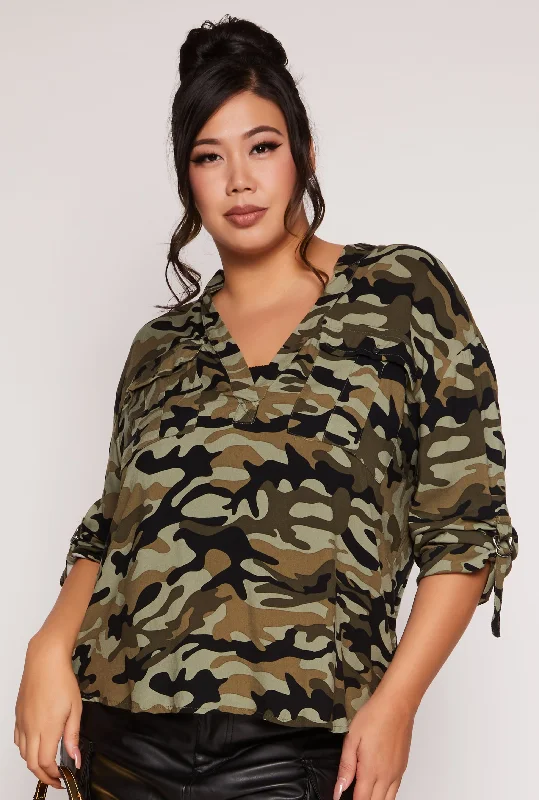 Celebrity Picks Plus Size Camo V Neck Pocket Detail Blouse