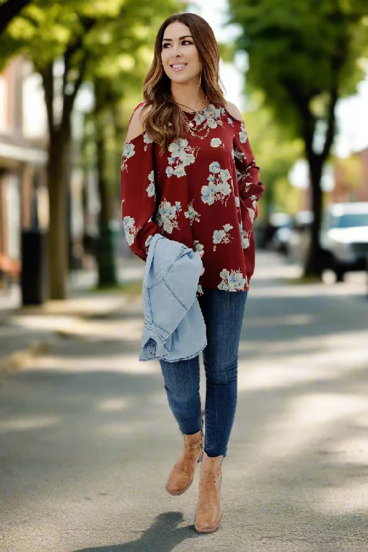 Minimal Style Blossoms Cold Shoulder Blouse